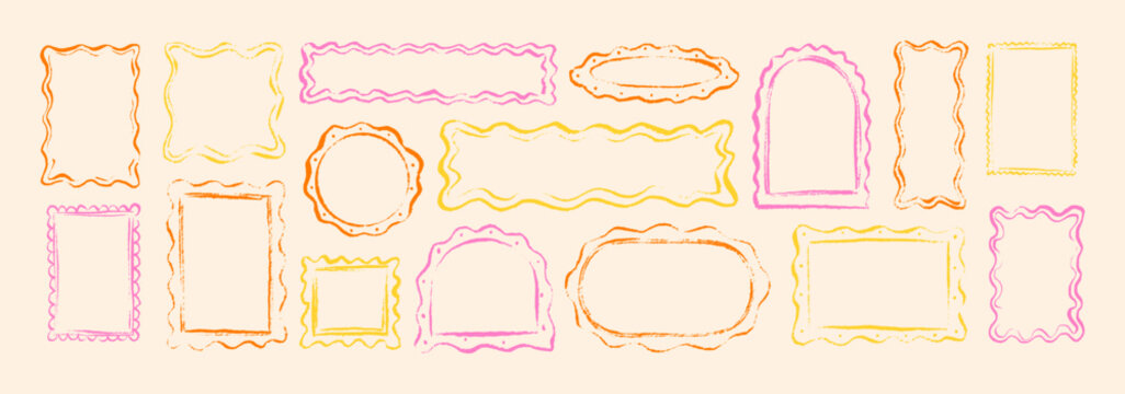 Crayon doodle scalloped edge frame set. Cute kid text box. Hand drawn squiggle wavy rectangle, oval, square, circle, arch shape boarder. Zigzag curvy crayon childish borders, picture, photo frames