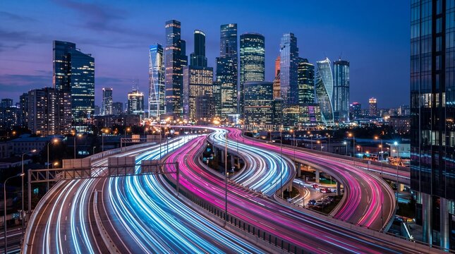 Breathtaking modern metropolis skyline at twilight features towering glass skyscrapers and a multi-lane highway with vibrant light trails.