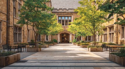 Obraz premium University campus courtyard features historic stone buildings, green trees, outdoor seating, and a central pathway, creating an inviting academic atmosphere