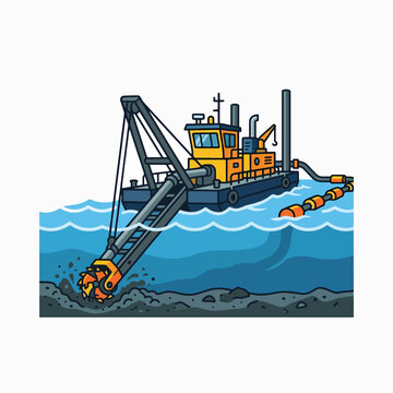 A dredge boat with a rotating cutter head digs into the seabed, pumping material through a floating pipeline.