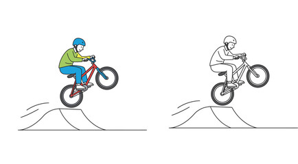 Naklejka premium BMX bike rider performing a jump stunt over a ramp, featuring side-by-side colorful flat design and black and white line art outline vector illustration.