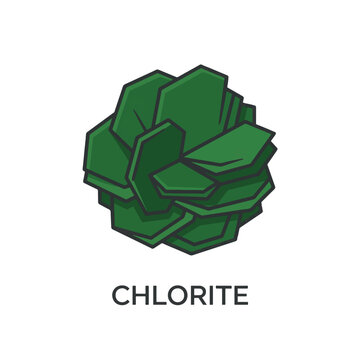 A stylized, green, layered mineral cluster labeled CHLORITE is depicted against a white background.