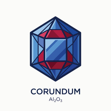 Geometric crystalline structure with blue and red facets, labeled CORUNDUM and Al₂O₃.