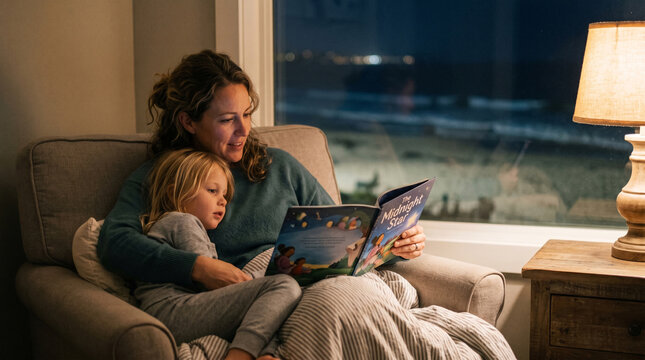 Mother reading bedtime story with soft lamp light