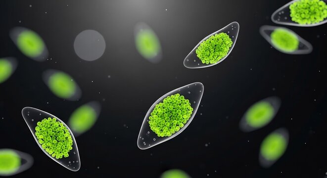 Microscopic View of Green Algae Cells Floating in Dark Water.