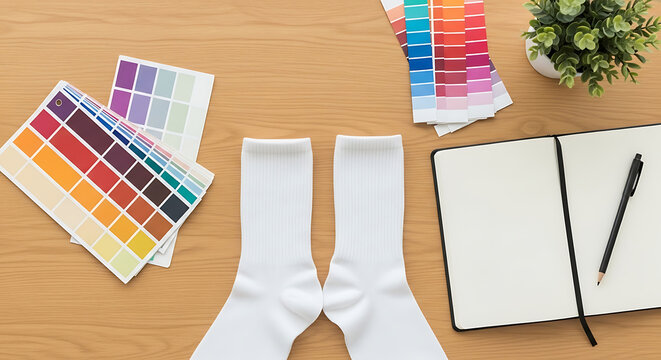 Inspiring design table with white socks, various color charts, and a planner for artistic concepts