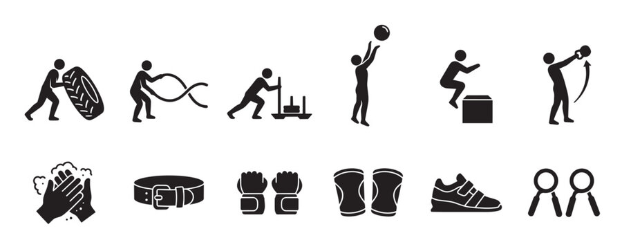 A collection of black silhouette icons depicts various fitness activities and equipment, including tire flips, battle ropes, sled pushes, ball throws, box jumps, kettlebell swings, hand washing.