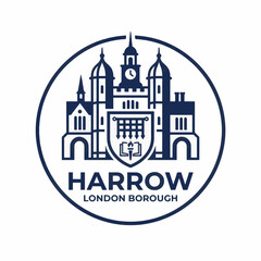 Fototapeta premium Emblematic logo featuring a detailed illustration of a castle-like building with a clock tower, centered within a circle, alongside the text HARROW LONDON BOROUGH.