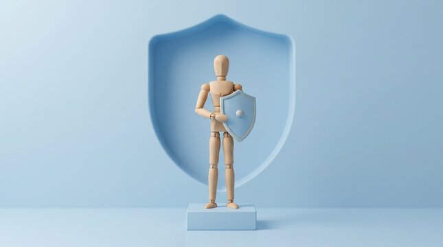 Standing Guard: A wooden figure stands firm, holding a shield against a protective backdrop, a symbolic representation of security, safety and protection.