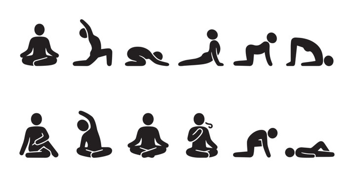 A collection of black stick figure icons demonstrating various yoga poses against a white background, ideal for health and wellness themes.