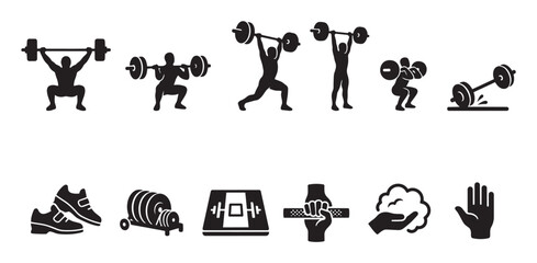 Obraz premium Collection of black silhouette icons depicting various weightlifting exercises, gym equipment, and fitness-related items on a white background for a clean, modern look.