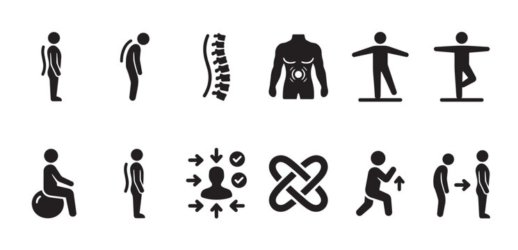 Collection of black and white pictogram icons illustrating human body posture, spine health, core strength, and physical therapy concepts against a white background.