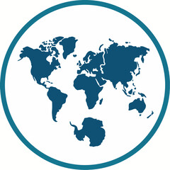 Obraz premium A stylized blue map of the world, including Antarctica, is depicted within a circular border.