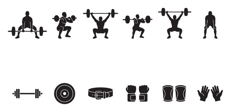 A collection of black silhouette icons depicts weightlifting poses and equipment, representing strength, fitness, and training activities.