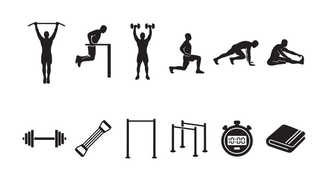 A collection of black silhouette icons depicting various exercises, equipment, and training elements for a comprehensive fitness concept.