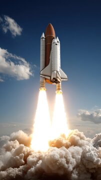 Rocket launches into the sky, creating smoke and light against a blue background with bright sunlight visible in the scene