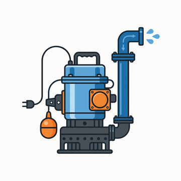 A blue submersible pump with a float switch and outlet pipe is shown in a flat design with water splashing.