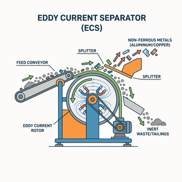 Diagram illustrating an Eddy Current Separator (ECS) used for separating non-ferrous metals from waste materials via a rotating magnetic rotor.