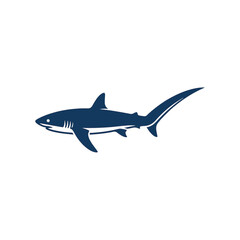 Fototapeta premium A dark blue silhouette of a shark with a streamlined body and sharp fins, depicted against a stark white background.