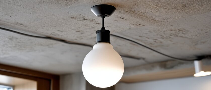 A light bulb hangs from a gray ceiling, surrounded by textured concrete and wires. The bulb is the main focus in the scene