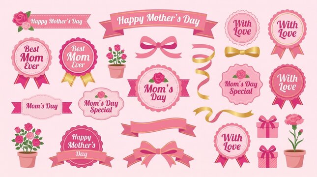 Mother's Day vector design elements set featuring lovely pink ribbons, badges, floral illustrations, and gift boxes, perfect for greeting cards, banners, and special celebration decorations.