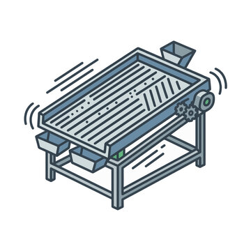 An isometric illustration of a vibrating screening machine with multiple trays for separating materials, powered by a motor and gears.