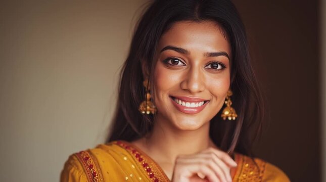 Modern Indian woman in elegant contemporary clothing with subtle traditional elements, bathed in warm golden light, soft background, editorial beauty style, shallow depth of field.
