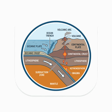 Oceanic-continental convergence showing subduction, ocean trench, volcanic arc, magma rising, and tectonic plates.