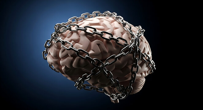 Trapped Brain with Chains Conceptual Image Symbolizing Mental Block or Cognitive Limitation