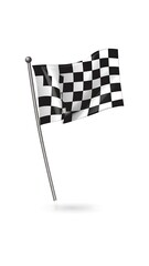 Fototapeta premium Digital image depicts a fluttering checkered flag on a pole, against a white backdrop. Realistic shadow suggests 3D rendering