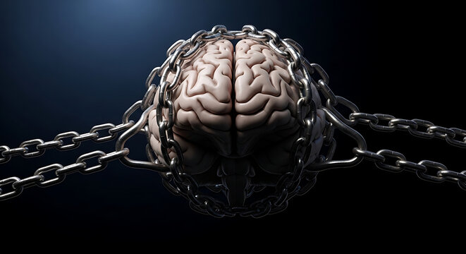 Brain chained up and trapped, symbolizing mental blockage or limitation