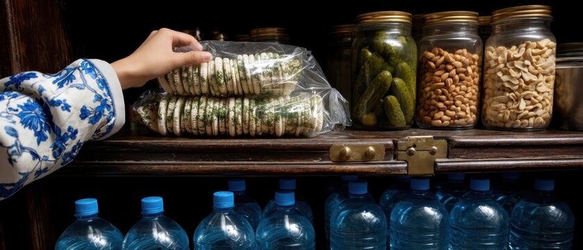 A hand stretches into a dark pantry to grab a package of crackers near jars and containers filled with snacks