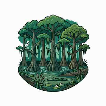 A stylized illustration of a lush swamp scene featuring cypress trees, moss, an egret, an alligator, and water lilies.