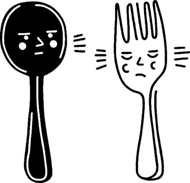 Spoon and fork showing displeased expressions on white background