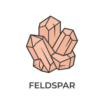 A minimalist illustration of a cluster of pink feldspar crystals, with the word FELDPAR below.