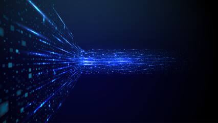 Plakat Abstract Data Flow concept with glowing neon pixel on technology blue background. Futuristic tech backdrop. AI innovation and Digital. Big data stream. Vector illustration.