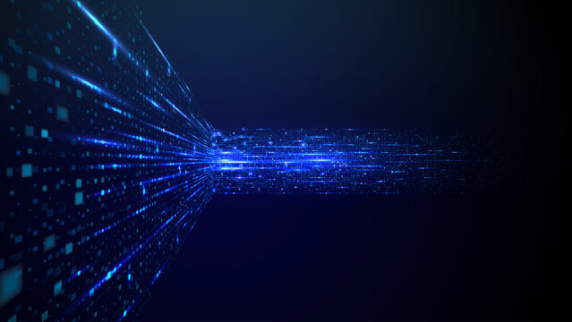 Abstract Data Flow concept with glowing neon pixel on technology blue background. Futuristic tech backdrop. AI innovation and Digital. Big data stream. Vector illustration.