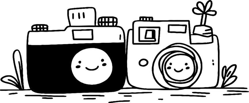 Two cartoon cameras smiling side by side on white surface