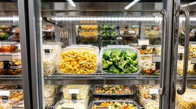 Close-up view inside a brightly illuminated commercial refrigerator display case shows plastic containers filled with tasty prepared foods.