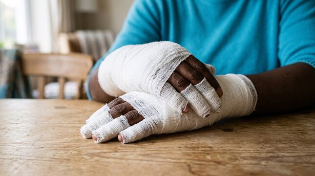 Close-up portrait focusing on dark-skinned hands thoroughly wrapped in pristine white medical gauze bandages resting gently on a wood table.