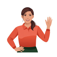 Happy young woman waving hand, friendly female character saying hello, greeting gesture smiling lady vector illustration © KEYARANI