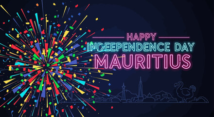 Happy Independence Day Mauritius neon lights and confetti © Konco
