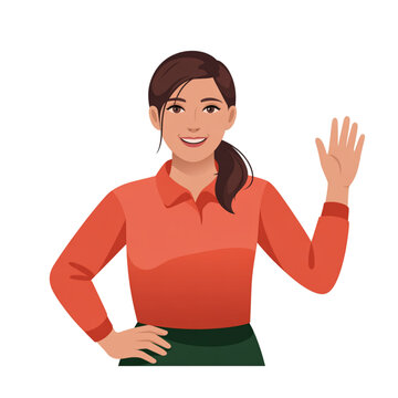 Happy young woman waving hand, friendly female character saying hello, greeting gesture smiling lady vector illustration