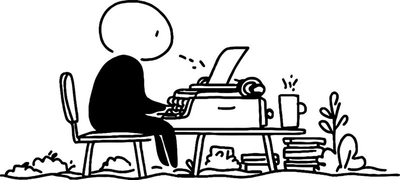 Person typing on typewriter at outdoor desk with coffee