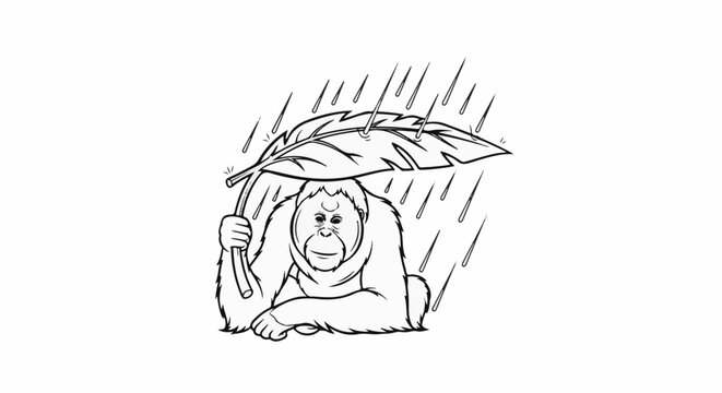 A primate shelters from the rain under a large leaf used as an umbrella