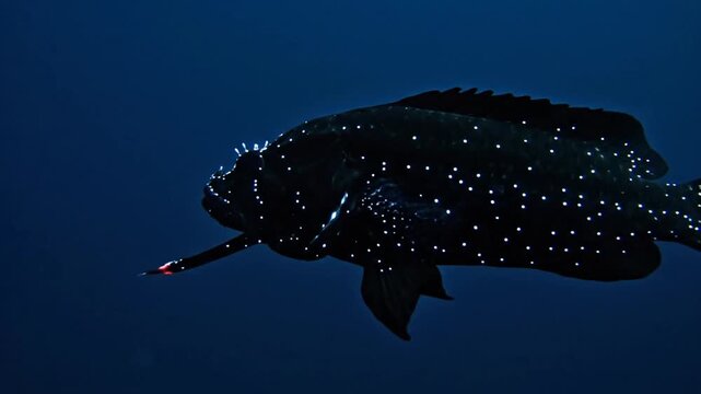Bioluminescent deep sea dragonfish with glowing spots in dark water