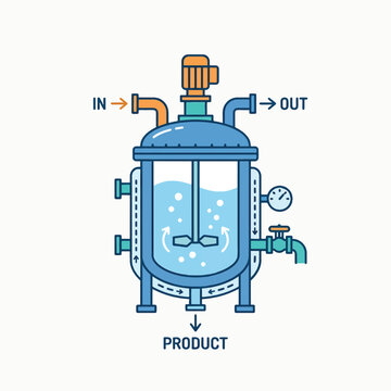 Industrial reactor with inlet, outlet, and product lines. Features a motor-driven agitator and pressure gauge for chemical processing.