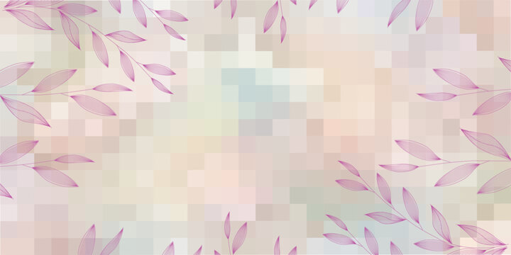 Vibrant pink leaves on a multicolored pixelated background texture with a floral pattern design element