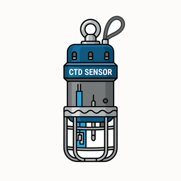 A blue and grey CTD sensor with a protective cage and a loop for attachment.