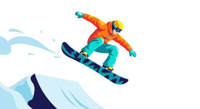 Dynamic snowboarder jump in colorful flat vector illustration style